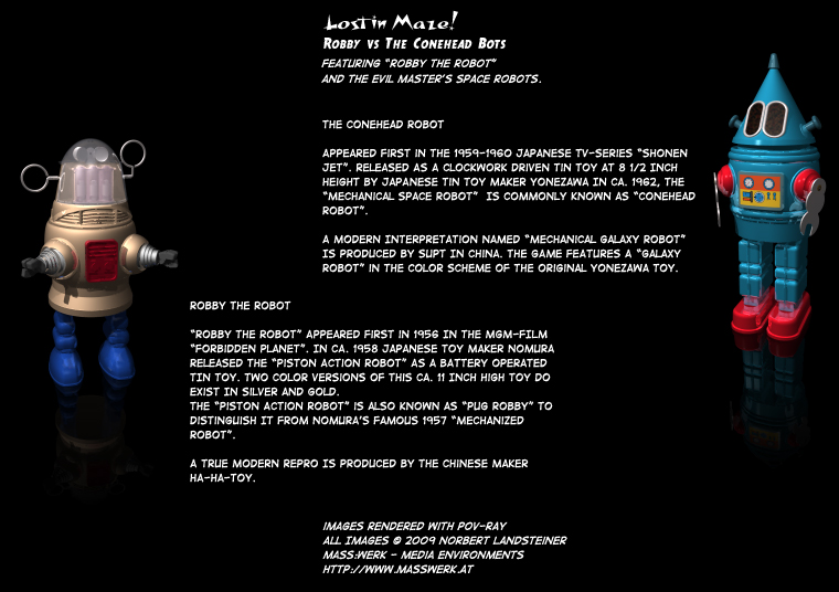 Lost in Maze! - Robby vs. The Tin Toy Bots. Family portrait of the robots rendered.